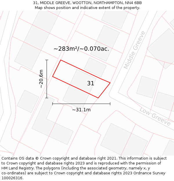 31, MIDDLE GREEVE, WOOTTON, NORTHAMPTON, NN4 6BB: Plot and title map