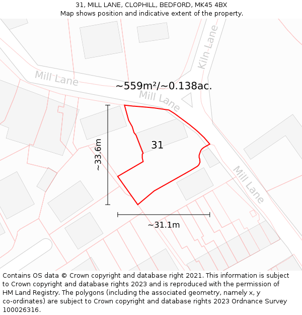 31, MILL LANE, CLOPHILL, BEDFORD, MK45 4BX: Plot and title map