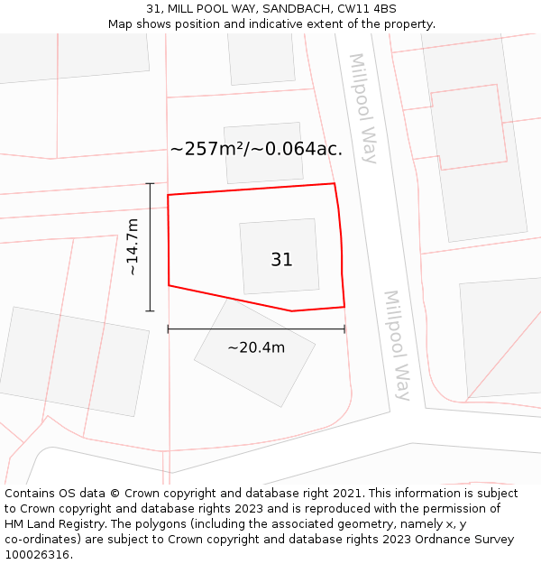31, MILL POOL WAY, SANDBACH, CW11 4BS: Plot and title map
