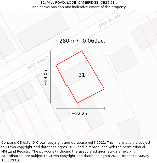 31, MILL ROAD, LODE, CAMBRIDGE, CB25 9EN: Plot and title map