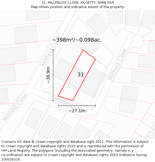 31, MILLFIELDS CLOSE, KILGETTY, SA68 0SA: Plot and title map