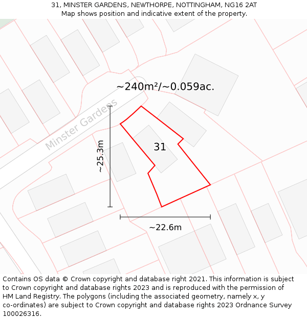 31, MINSTER GARDENS, NEWTHORPE, NOTTINGHAM, NG16 2AT: Plot and title map