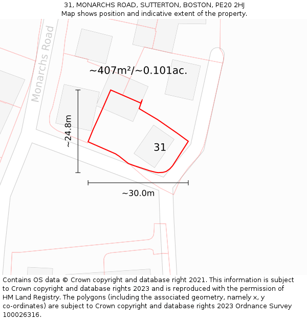 31, MONARCHS ROAD, SUTTERTON, BOSTON, PE20 2HJ: Plot and title map