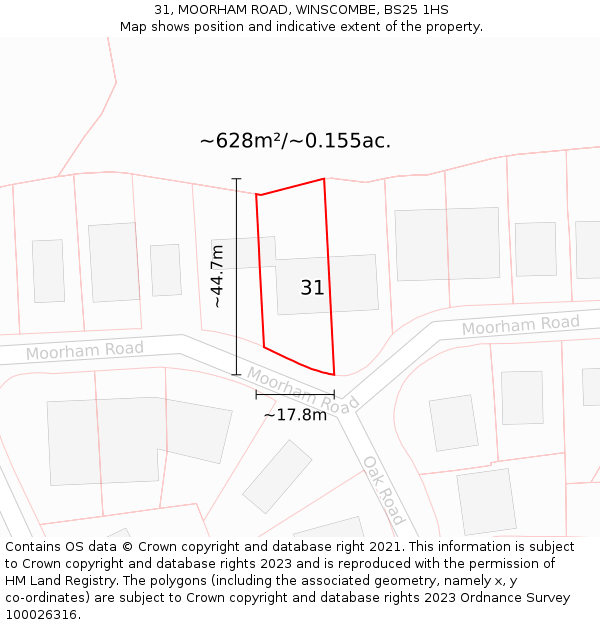 31, MOORHAM ROAD, WINSCOMBE, BS25 1HS: Plot and title map
