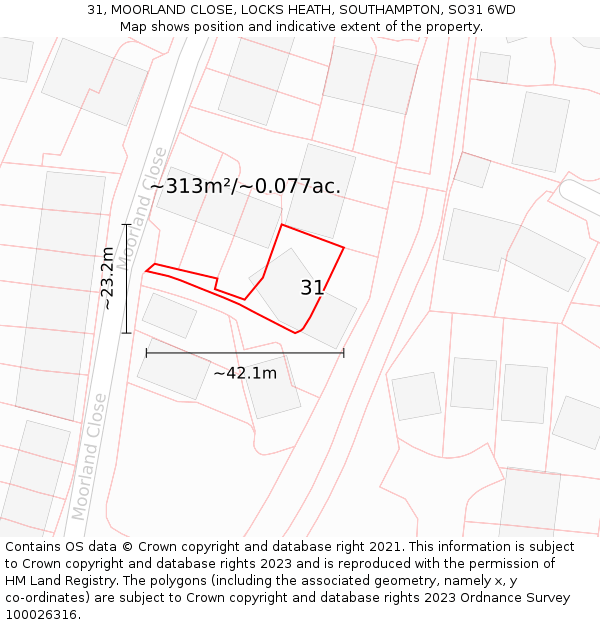 31, MOORLAND CLOSE, LOCKS HEATH, SOUTHAMPTON, SO31 6WD: Plot and title map
