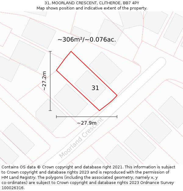 31, MOORLAND CRESCENT, CLITHEROE, BB7 4PY: Plot and title map