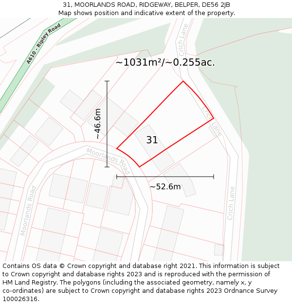 31, MOORLANDS ROAD, RIDGEWAY, BELPER, DE56 2JB: Plot and title map