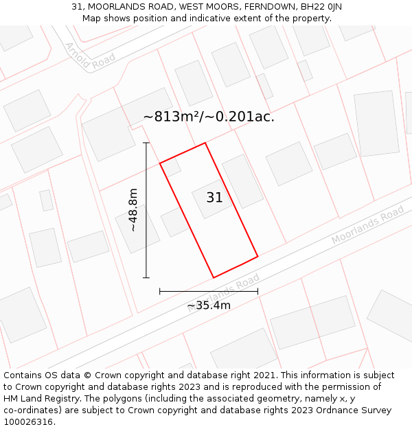 31, MOORLANDS ROAD, WEST MOORS, FERNDOWN, BH22 0JN: Plot and title map