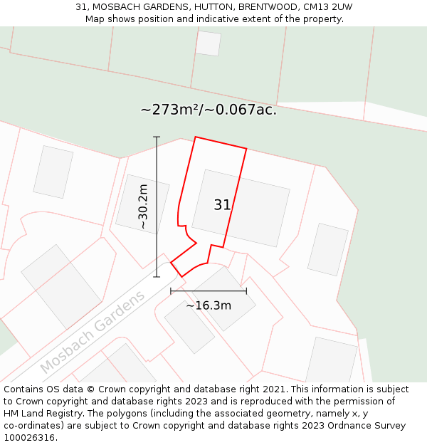 31, MOSBACH GARDENS, HUTTON, BRENTWOOD, CM13 2UW: Plot and title map