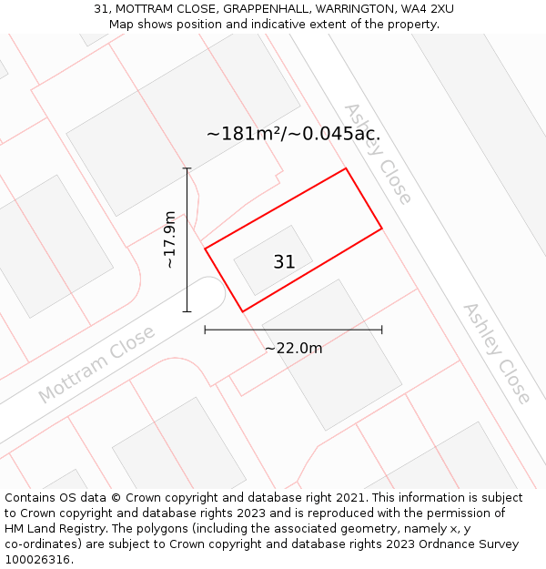 31, MOTTRAM CLOSE, GRAPPENHALL, WARRINGTON, WA4 2XU: Plot and title map