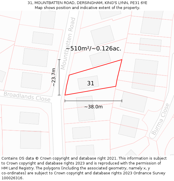 31, MOUNTBATTEN ROAD, DERSINGHAM, KING'S LYNN, PE31 6YE: Plot and title map
