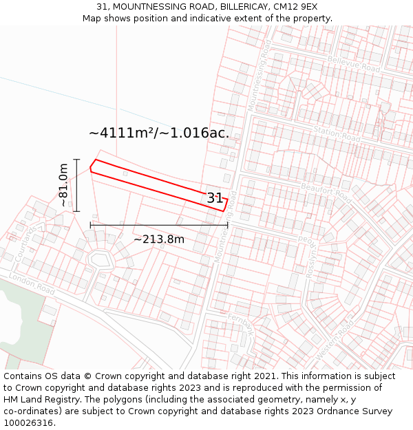 31, MOUNTNESSING ROAD, BILLERICAY, CM12 9EX: Plot and title map