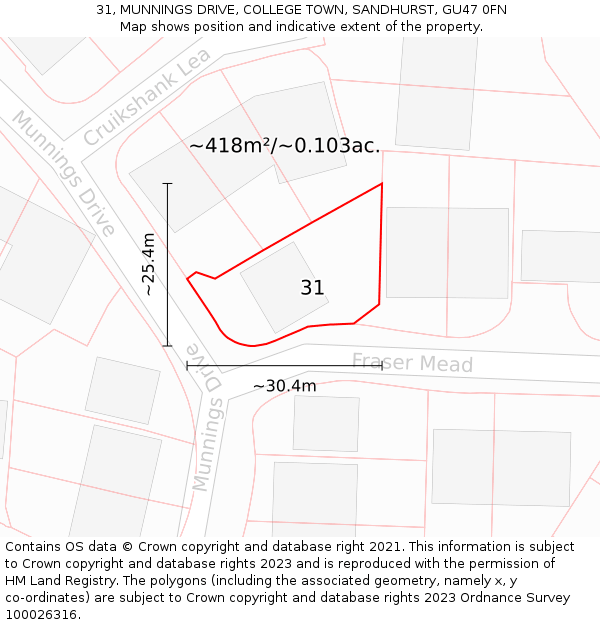 31, MUNNINGS DRIVE, COLLEGE TOWN, SANDHURST, GU47 0FN: Plot and title map