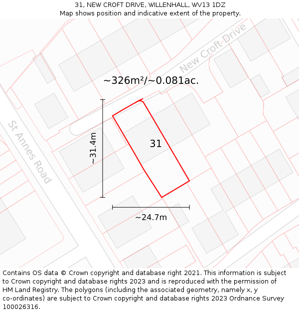 31, NEW CROFT DRIVE, WILLENHALL, WV13 1DZ: Plot and title map