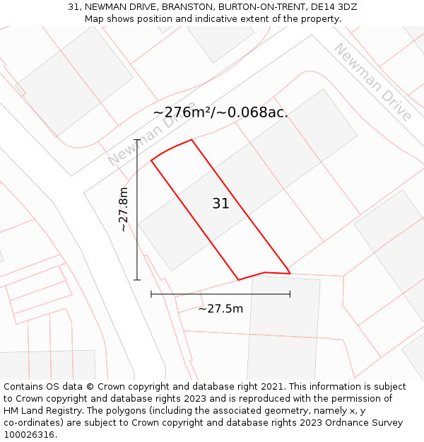 31, NEWMAN DRIVE, BRANSTON, BURTON-ON-TRENT, DE14 3DZ: Plot and title map