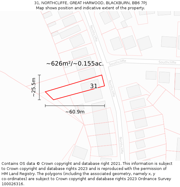 31, NORTHCLIFFE, GREAT HARWOOD, BLACKBURN, BB6 7PJ: Plot and title map