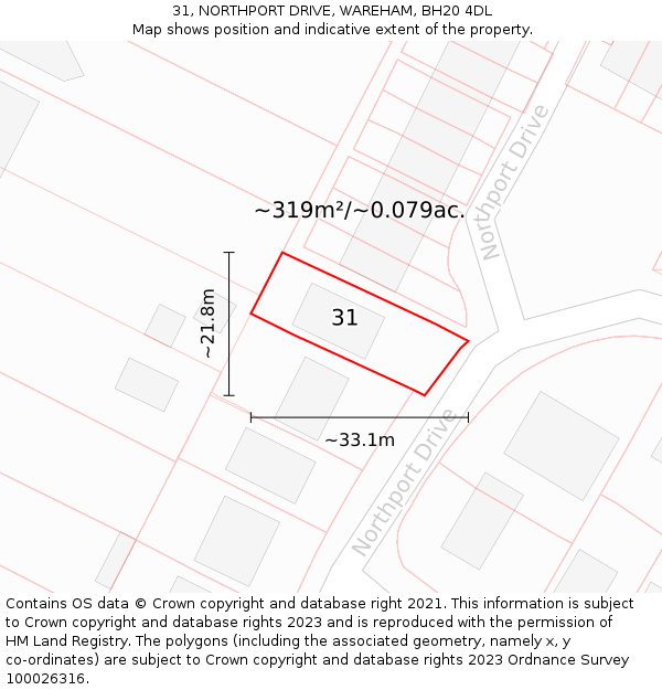 31, NORTHPORT DRIVE, WAREHAM, BH20 4DL: Plot and title map