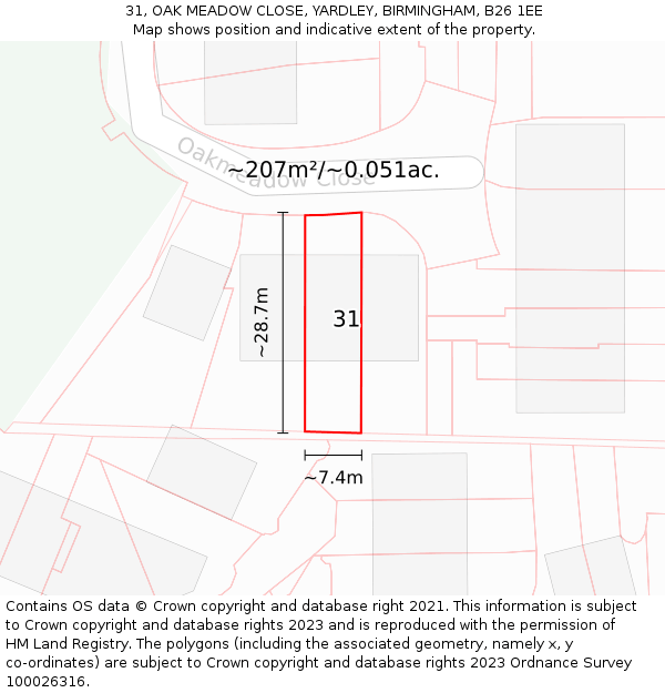 31, OAK MEADOW CLOSE, YARDLEY, BIRMINGHAM, B26 1EE: Plot and title map