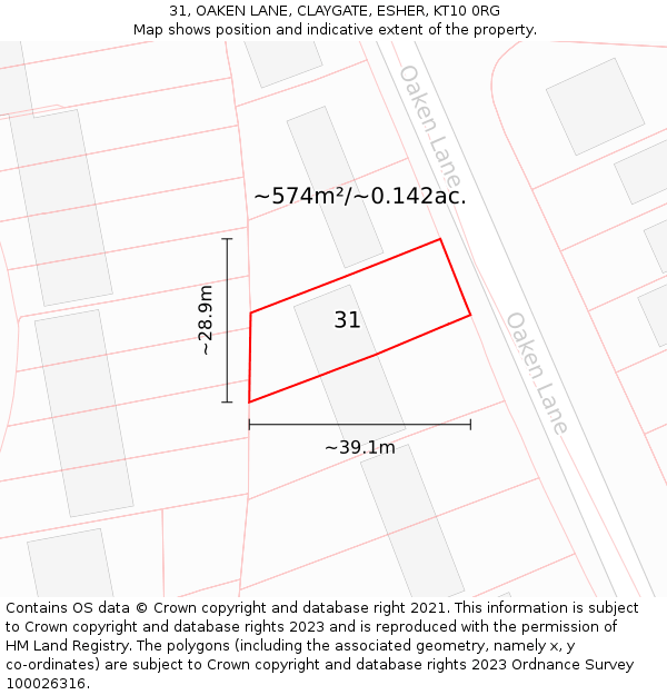 31, OAKEN LANE, CLAYGATE, ESHER, KT10 0RG: Plot and title map