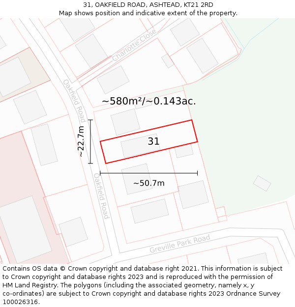 31, OAKFIELD ROAD, ASHTEAD, KT21 2RD: Plot and title map
