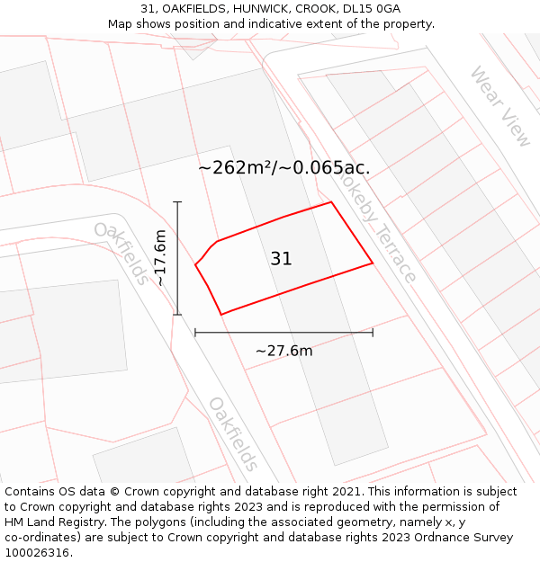 31, OAKFIELDS, HUNWICK, CROOK, DL15 0GA: Plot and title map
