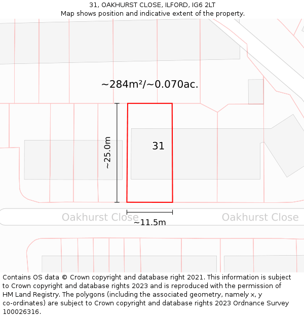 31, OAKHURST CLOSE, ILFORD, IG6 2LT: Plot and title map