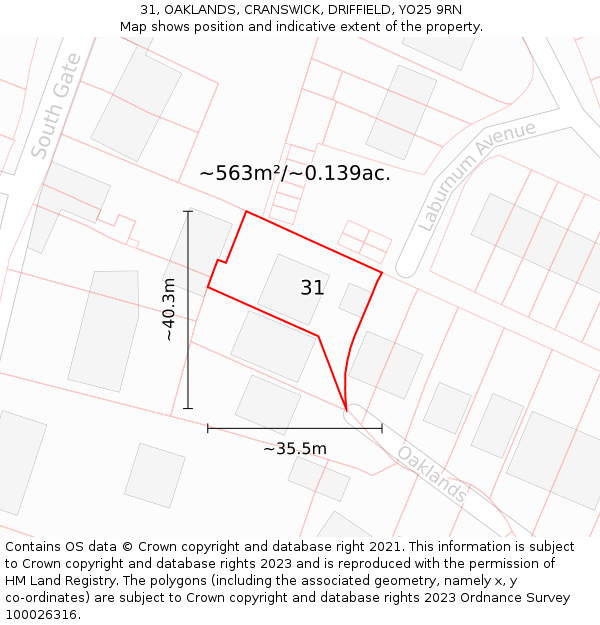 31, OAKLANDS, CRANSWICK, DRIFFIELD, YO25 9RN: Plot and title map