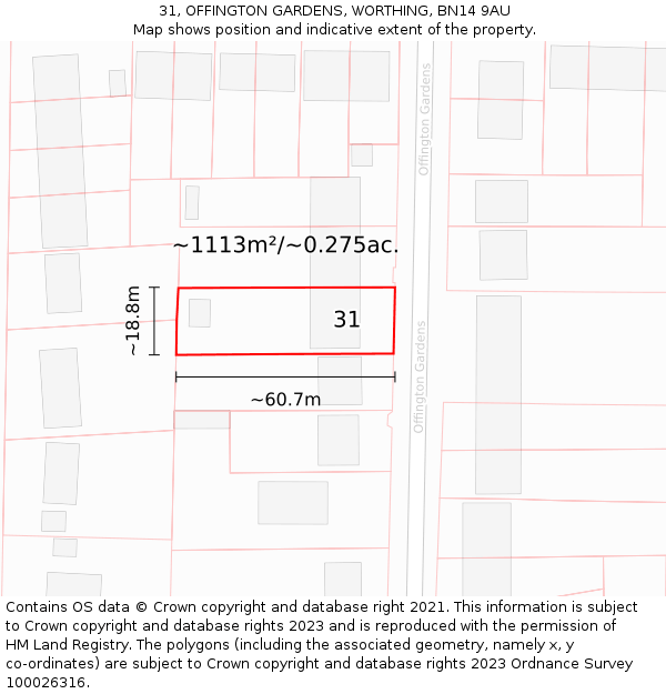 31, OFFINGTON GARDENS, WORTHING, BN14 9AU: Plot and title map