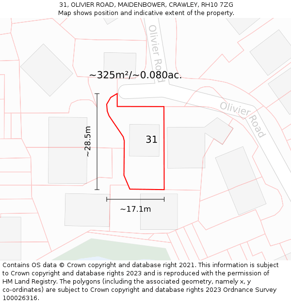 31, OLIVIER ROAD, MAIDENBOWER, CRAWLEY, RH10 7ZG: Plot and title map
