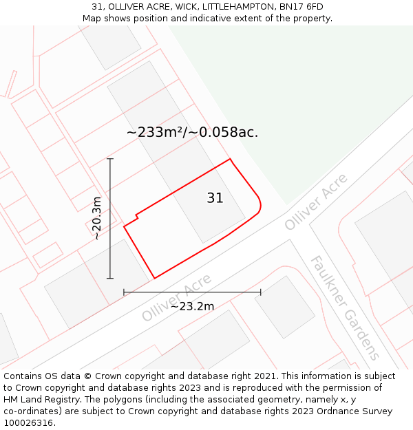 31, OLLIVER ACRE, WICK, LITTLEHAMPTON, BN17 6FD: Plot and title map