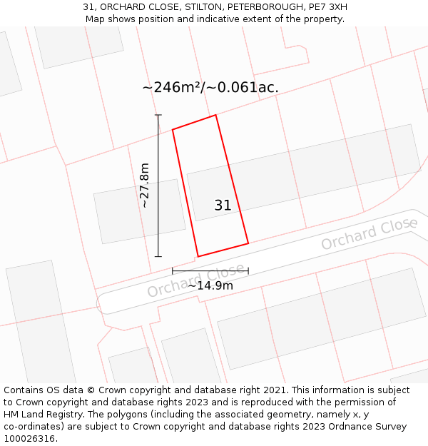 31, ORCHARD CLOSE, STILTON, PETERBOROUGH, PE7 3XH: Plot and title map