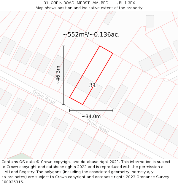 31, ORPIN ROAD, MERSTHAM, REDHILL, RH1 3EX: Plot and title map