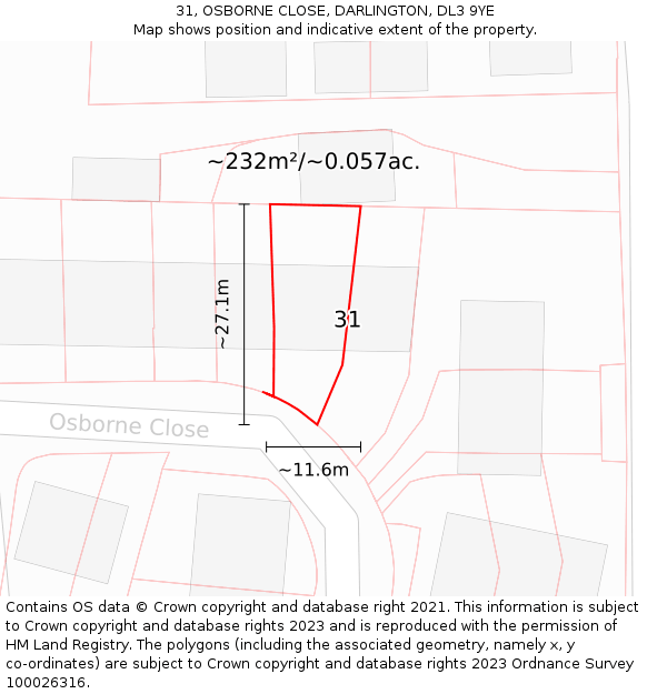 31, OSBORNE CLOSE, DARLINGTON, DL3 9YE: Plot and title map