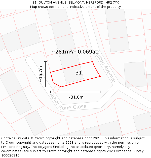 31, OULTON AVENUE, BELMONT, HEREFORD, HR2 7YX: Plot and title map
