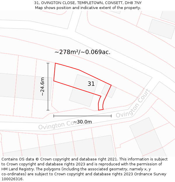 31, OVINGTON CLOSE, TEMPLETOWN, CONSETT, DH8 7NY: Plot and title map