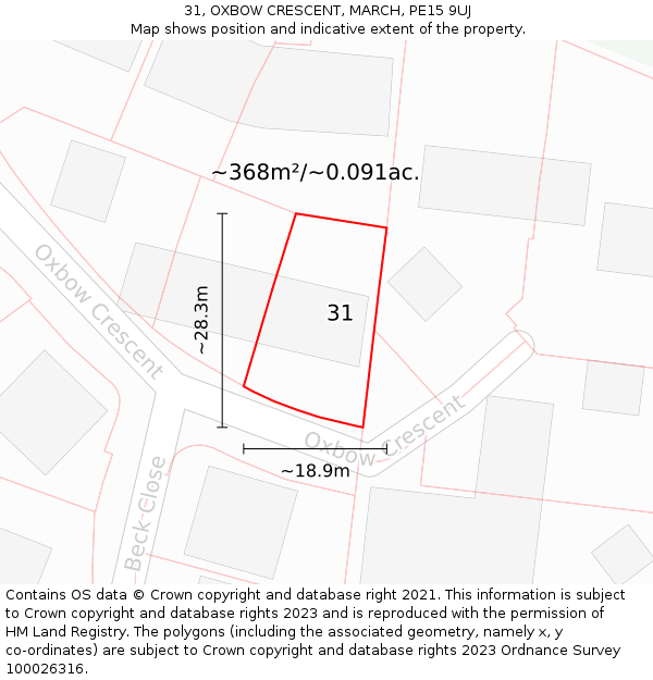 31, OXBOW CRESCENT, MARCH, PE15 9UJ: Plot and title map