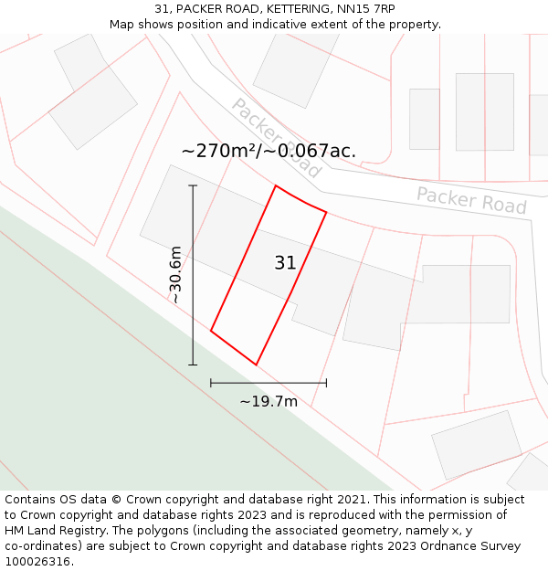 31, PACKER ROAD, KETTERING, NN15 7RP: Plot and title map