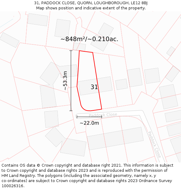 31, PADDOCK CLOSE, QUORN, LOUGHBOROUGH, LE12 8BJ: Plot and title map