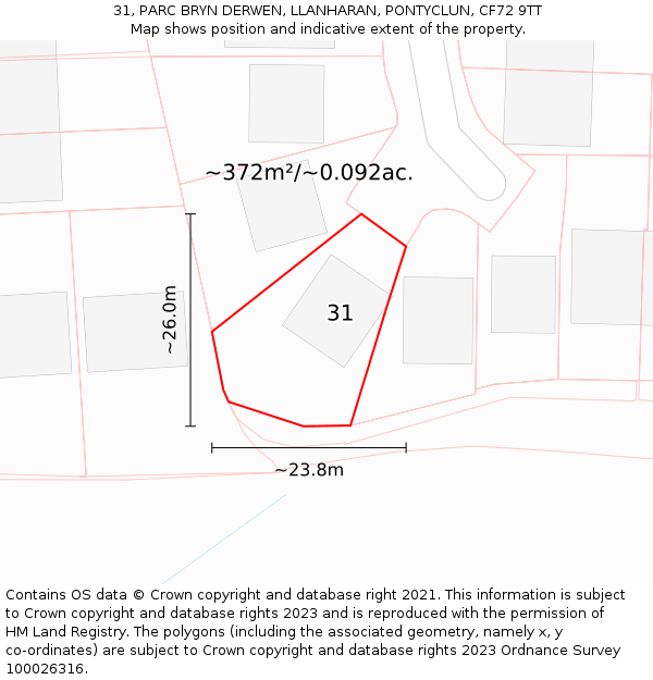 31, PARC BRYN DERWEN, LLANHARAN, PONTYCLUN, CF72 9TT: Plot and title map