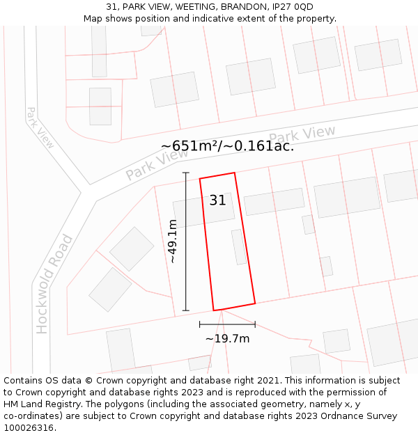 31, PARK VIEW, WEETING, BRANDON, IP27 0QD: Plot and title map