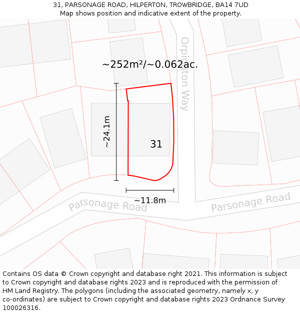 31, PARSONAGE ROAD, HILPERTON, TROWBRIDGE, BA14 7UD: Plot and title map