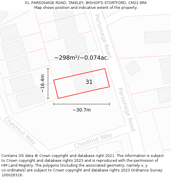31, PARSONAGE ROAD, TAKELEY, BISHOP'S STORTFORD, CM22 6RA: Plot and title map