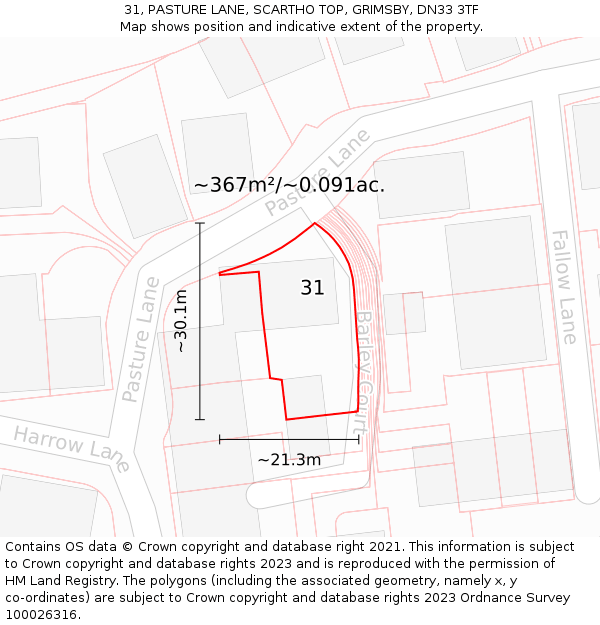 31, PASTURE LANE, SCARTHO TOP, GRIMSBY, DN33 3TF: Plot and title map