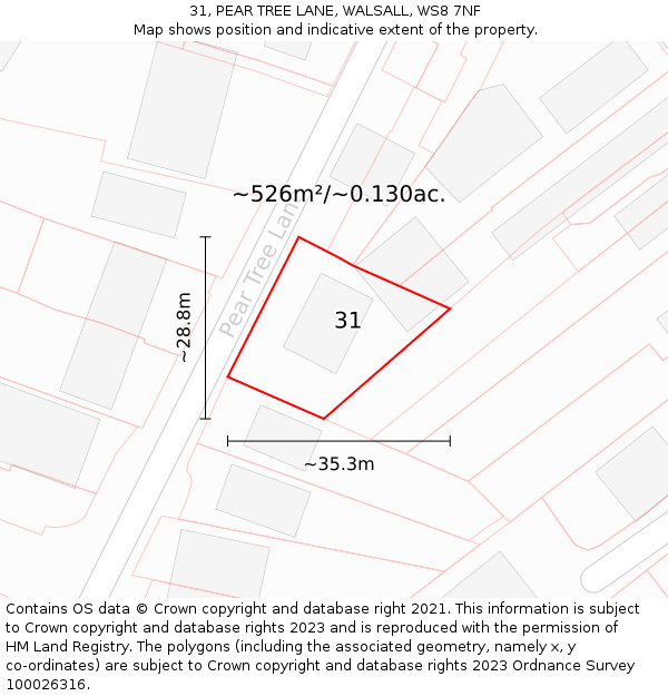 31, PEAR TREE LANE, WALSALL, WS8 7NF: Plot and title map