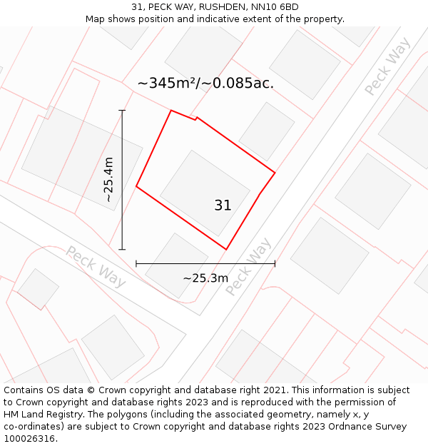 31, PECK WAY, RUSHDEN, NN10 6BD: Plot and title map