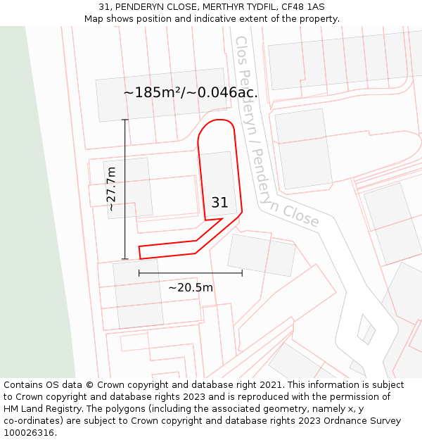 31, PENDERYN CLOSE, MERTHYR TYDFIL, CF48 1AS: Plot and title map