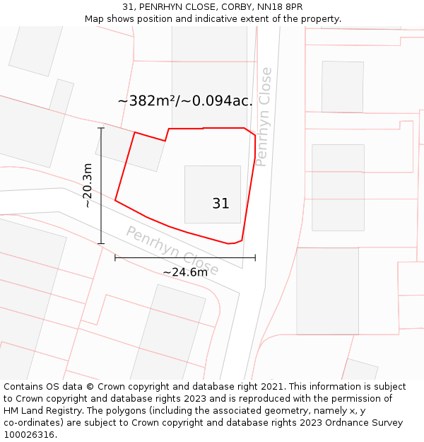 31, PENRHYN CLOSE, CORBY, NN18 8PR: Plot and title map