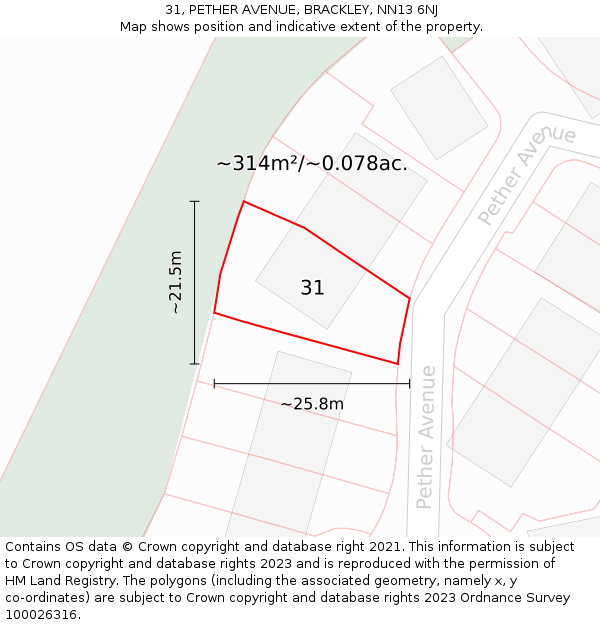 31, PETHER AVENUE, BRACKLEY, NN13 6NJ: Plot and title map