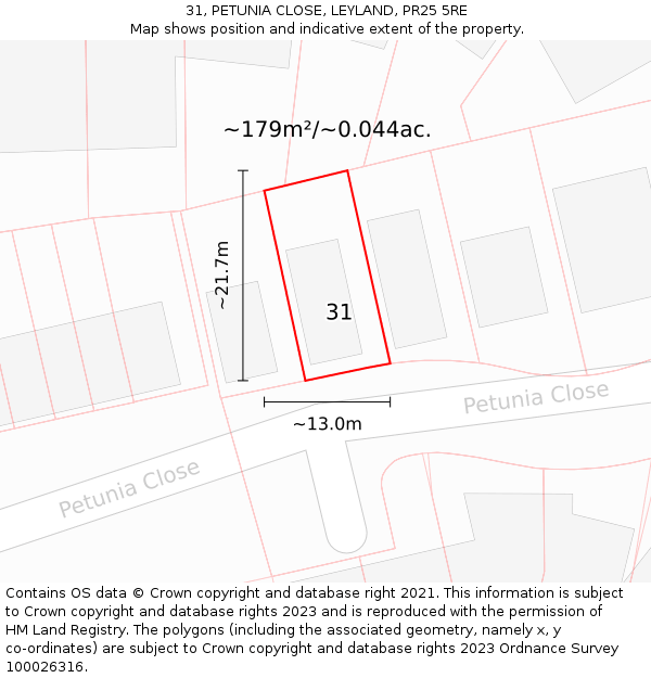 31, PETUNIA CLOSE, LEYLAND, PR25 5RE: Plot and title map