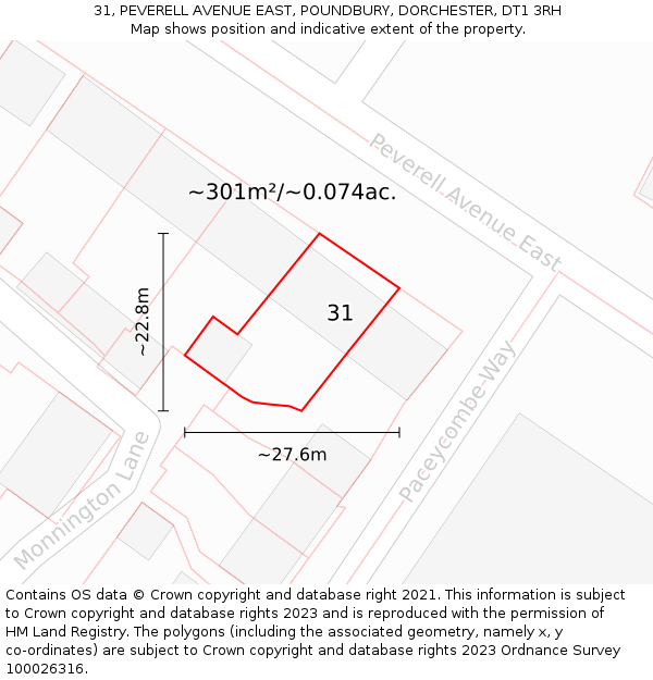 31, PEVERELL AVENUE EAST, POUNDBURY, DORCHESTER, DT1 3RH: Plot and title map